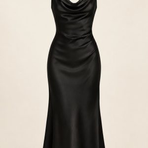 Black Draped-Neck Midi Dress