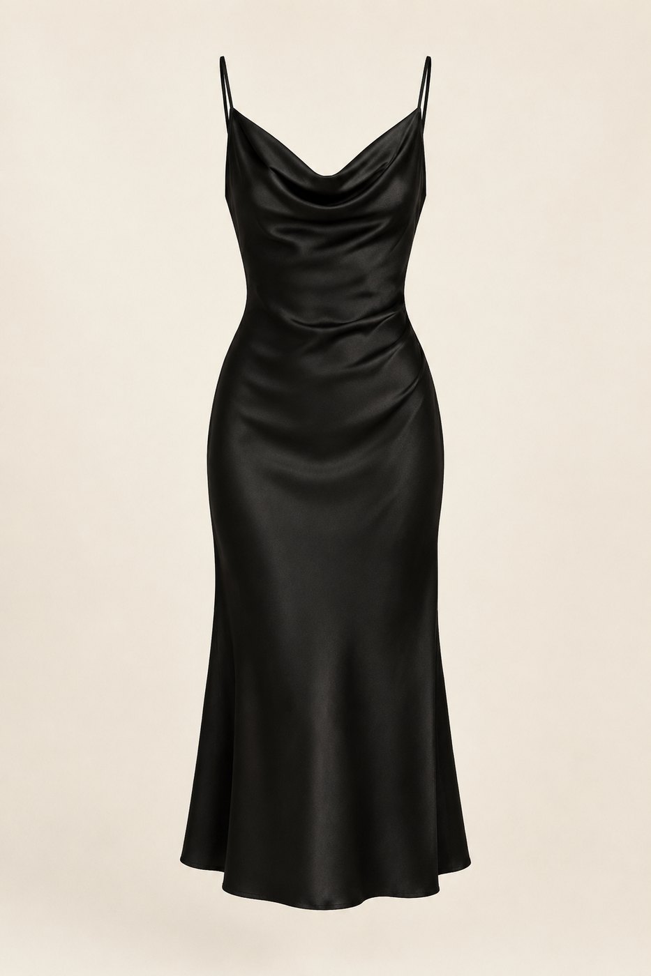 Black Draped-Neck Midi Dress