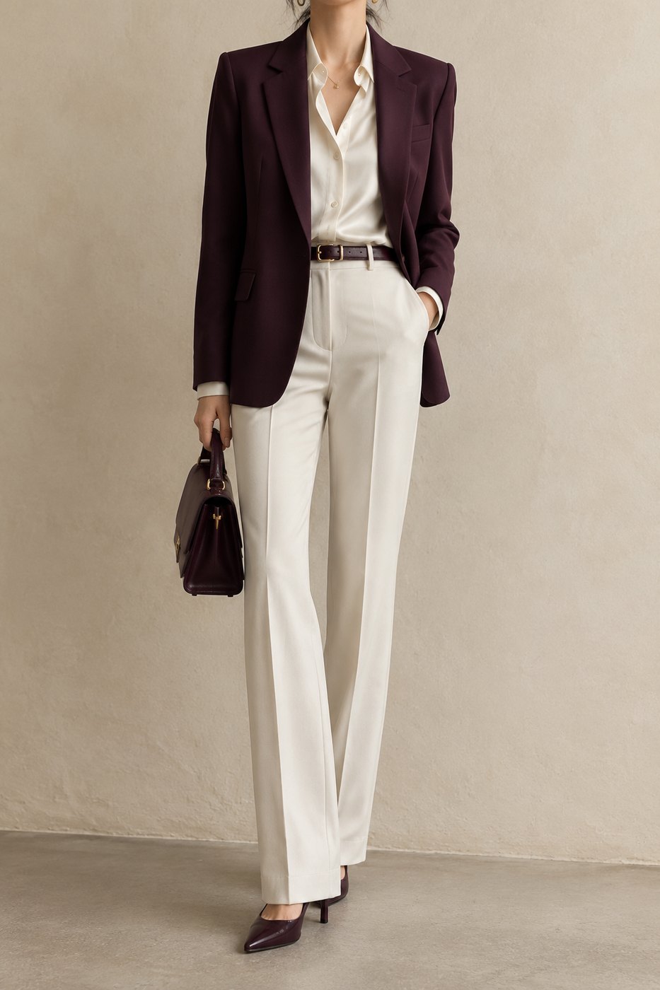 A tailored blazer styled with a silk-blend blouse