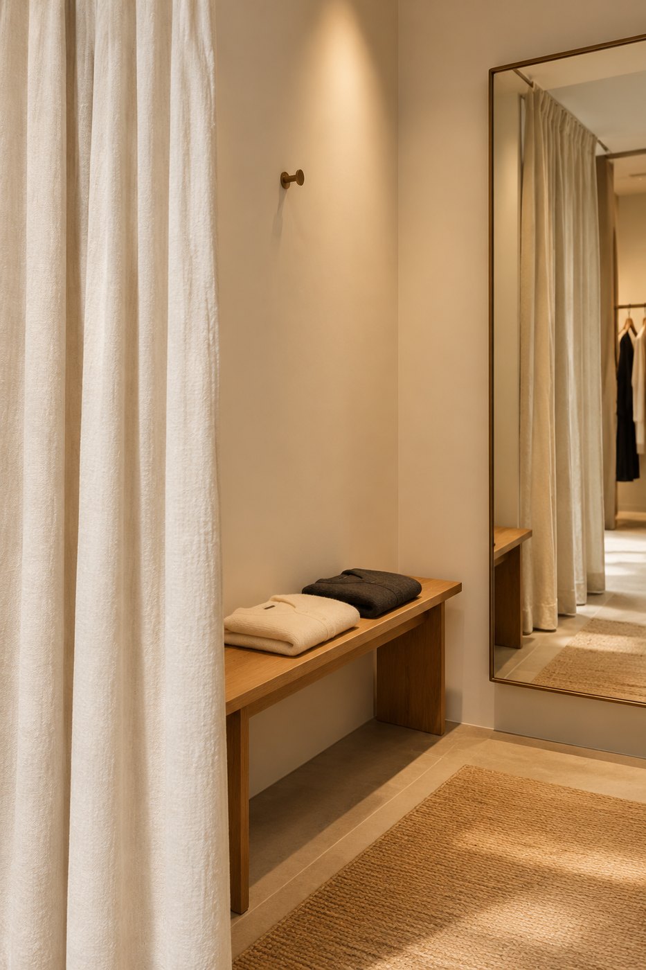 A calm fitting-room setting with folded garments